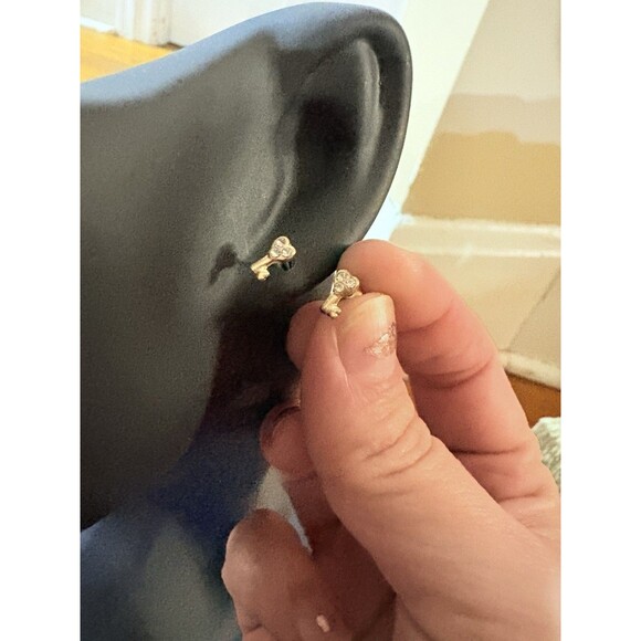 14K Gold Dainty Key Stud Earring Cubic Zirconia Heart - Picture 3 of 14